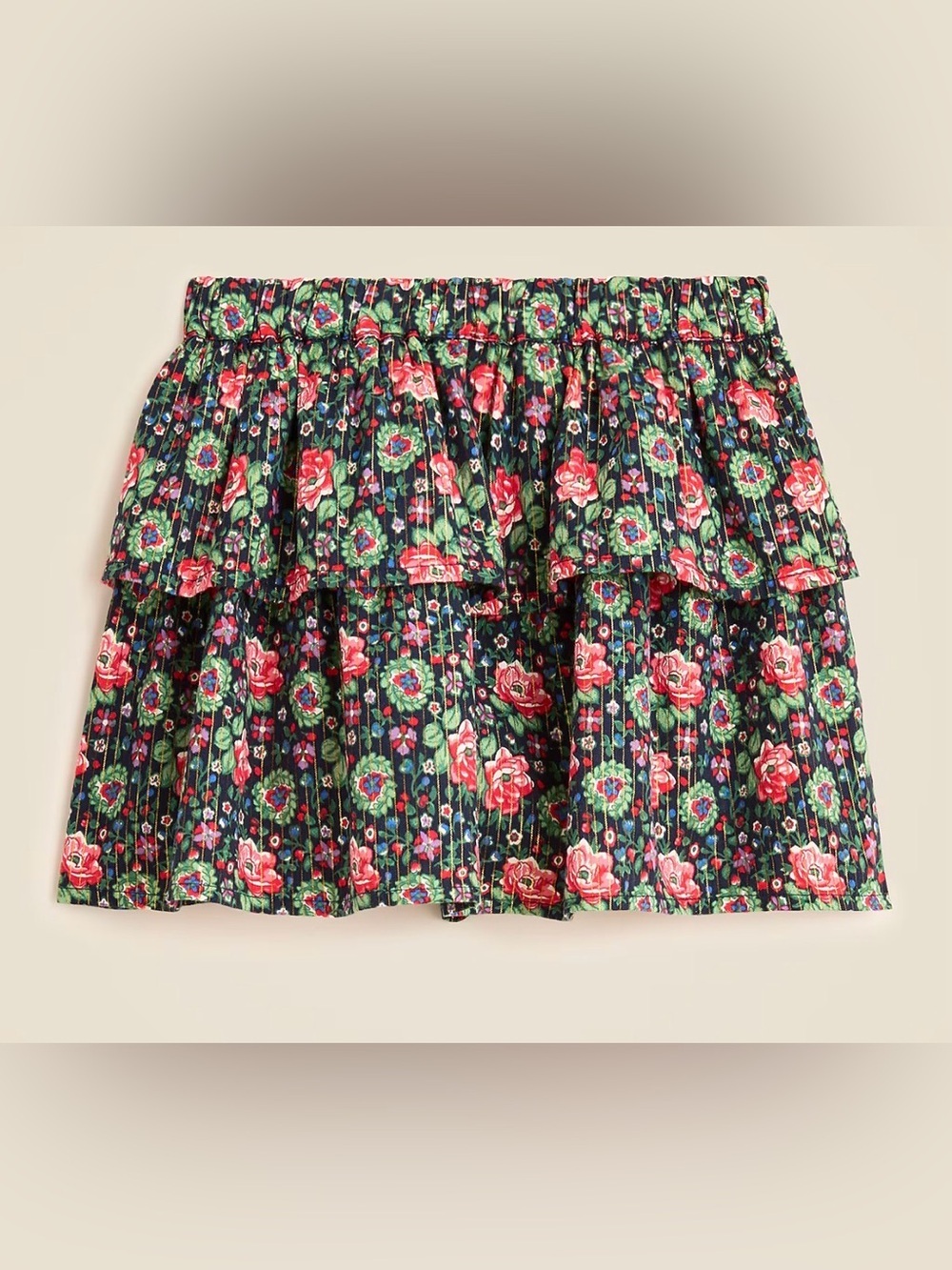 Crewcuts Black Floral Tiered Skirt with Red & Green